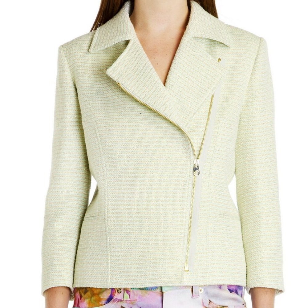 Ted Baker Pale Green Cropped Boucle Biker Jacket Size 4, US Size 10